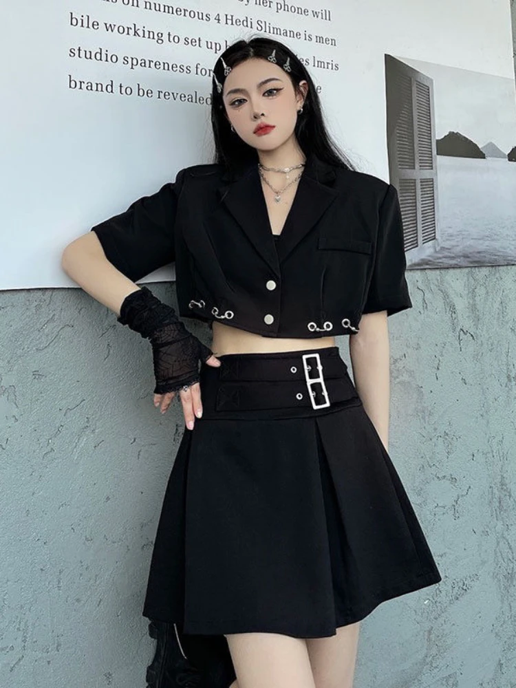 Y2k Black Two Piece Suits Women Summer New High Street Crop Blazers High Waist Pleated Mini Skirts Sets Woman black men suits for wedding suits best man blazers jacket shawl lapel 2 piece slim fit groom tuxedos tailored groomsmen suit