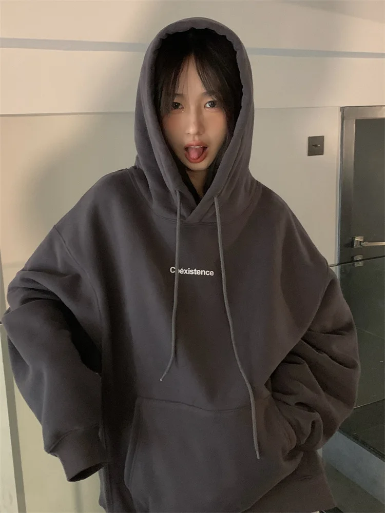 Damen Kapuzenpullover Oversized Fleece Mit Buchstabendruck Grau_voghion.com