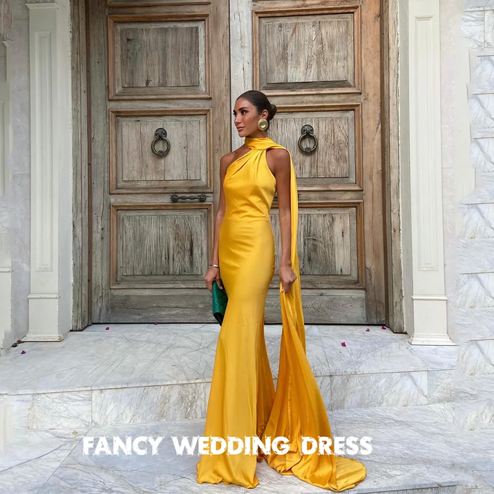 Fancy Sexy Gold Silk Satin Mermid Evening Dresses With Scalf Sexy Backless Sexy Party Dress Saudi Arabic Prom Gowns Beach