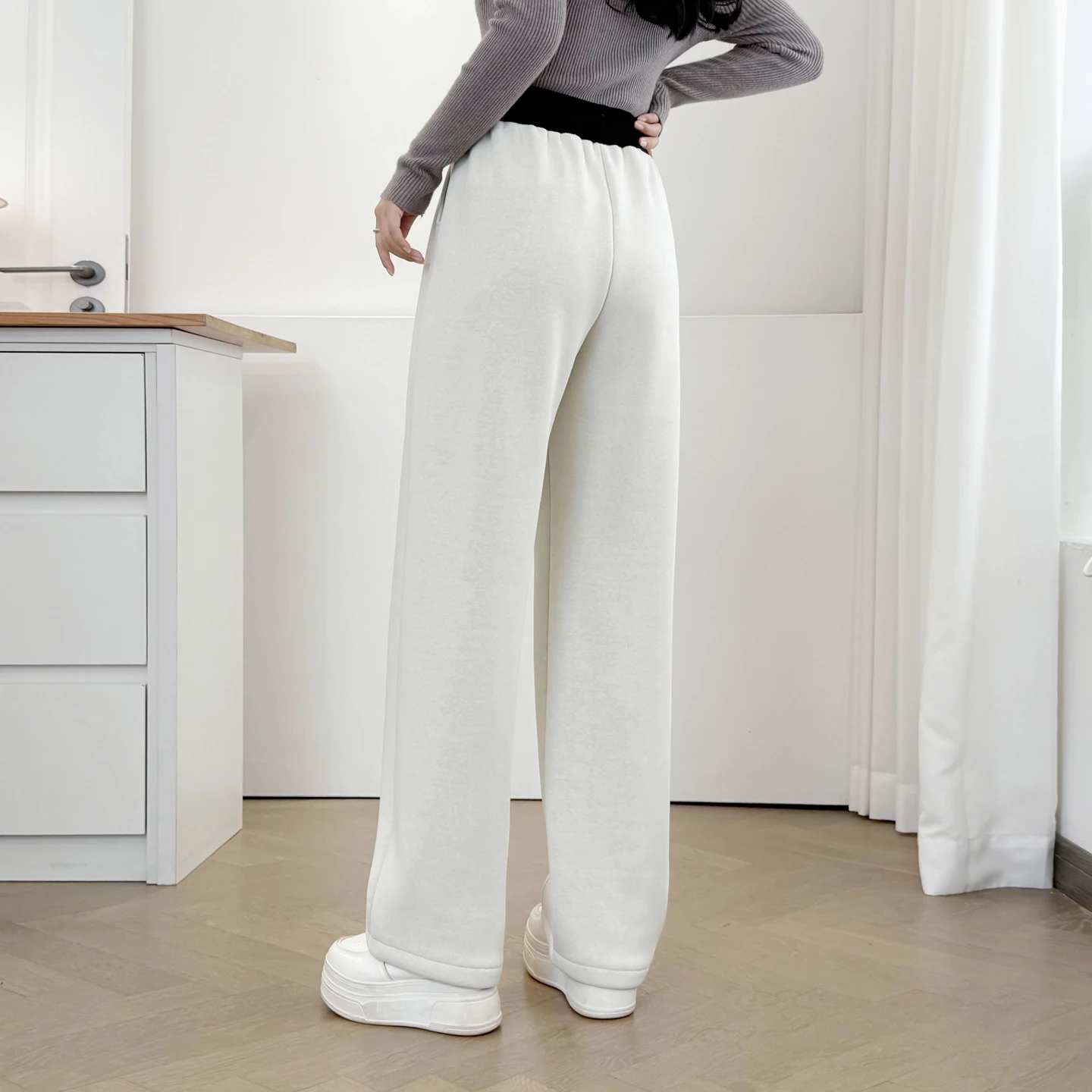 XXXXL Fashion Plus Size Women's Straight Pants Casual New Winter Style Simple Block Color Waist Fleece Warm Curved Trousers