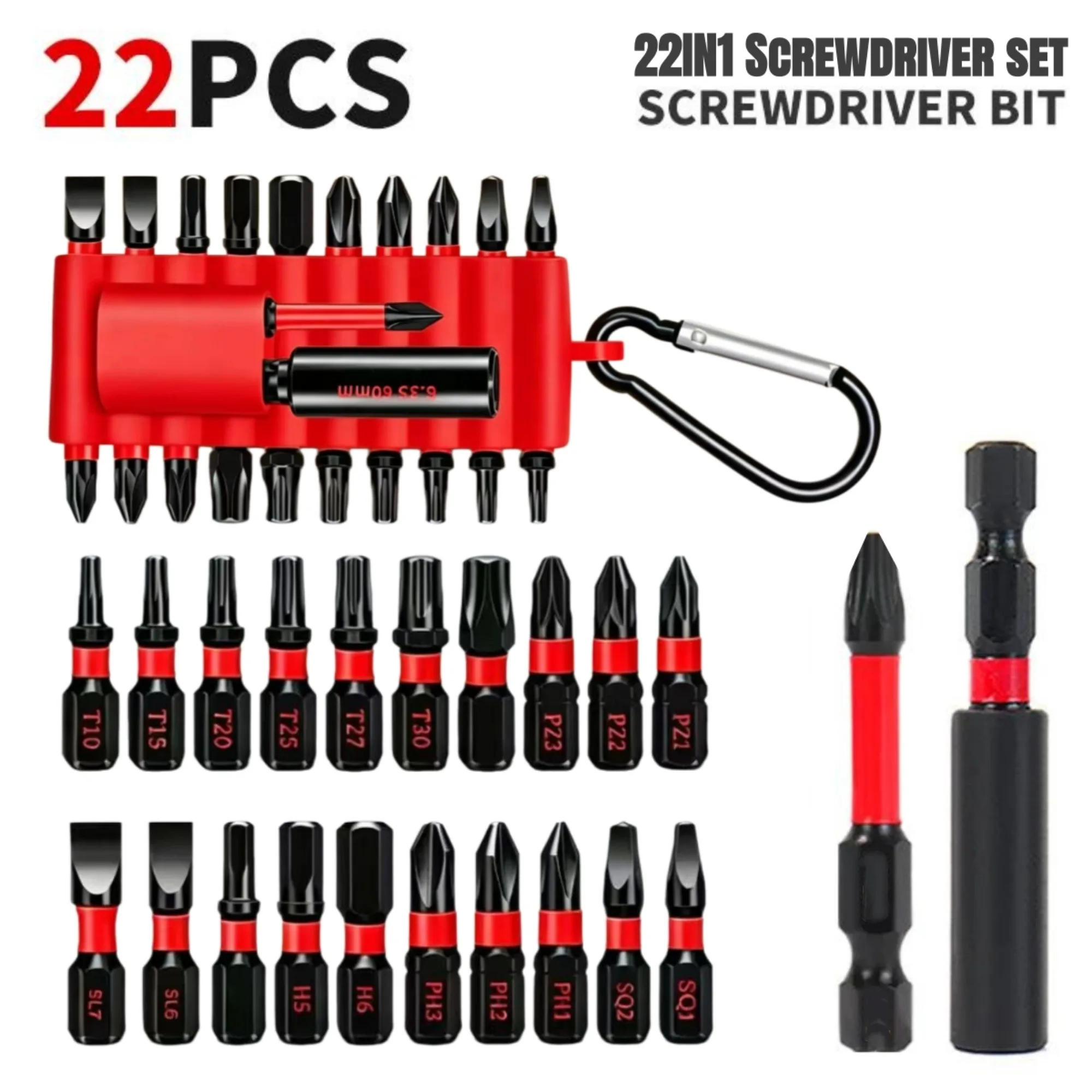PRO 22피스 임팩트 스크류드라이버 비트 세트(오거나이저 슬리브 포함) 25mm 마그네틱 S2 스틸 멀티 드라이버 비트 세트 및 1피스 비트 홀더