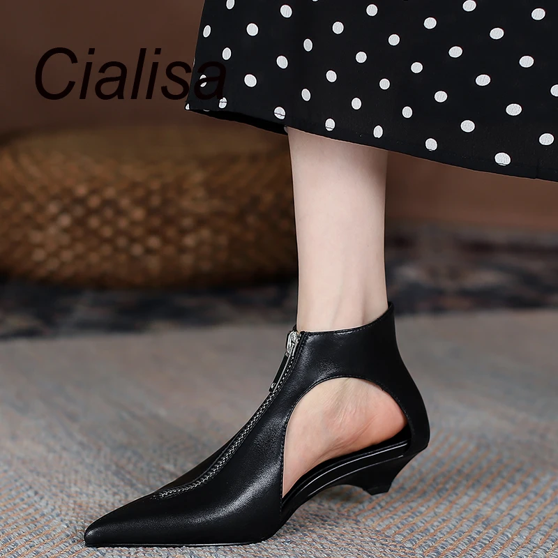 

Cialisa Sexy Sandals 2023 Summer New Pointed Toe Genuine Leather Women Shoes Elegant Party Dress Low Heel Handmade Zipper Sandal