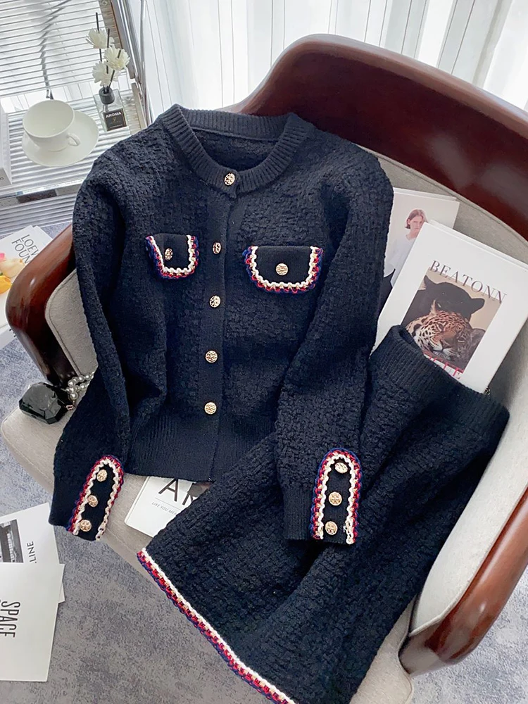 Women  Autumn Winter New Red Knitted 2 Piece Sets Office Lady Long Sleeve Knitted Cardigan Sweater High Waist Skirt Suit Women\'s
