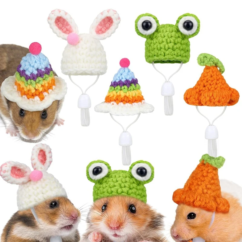 

4 Pieces Hamster Hat Mini Small Animals Hat With Adjustable Strap Lovely Hand Knitted Frog Rainbow Carrot Tiny Hats Easy To Use