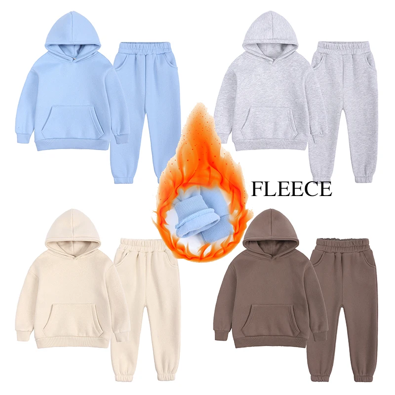Kids Clothing Set 2pcs For 2-12Y Boys Girls Fleece Outwear Autumn Winter Hooded Sweatshirt Tracksuit