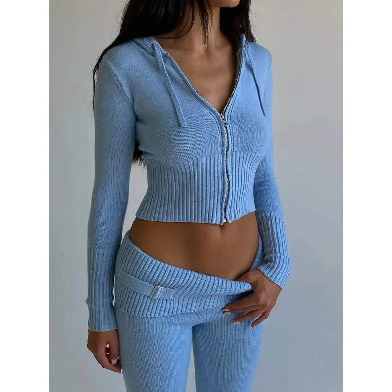 

Solid Knitted 2 Piece Sets Women Tracksuit Long Sleeve Zipper Hooded Sweater Jackets Crop Top Flare Pants Stretchy Matching Suit
