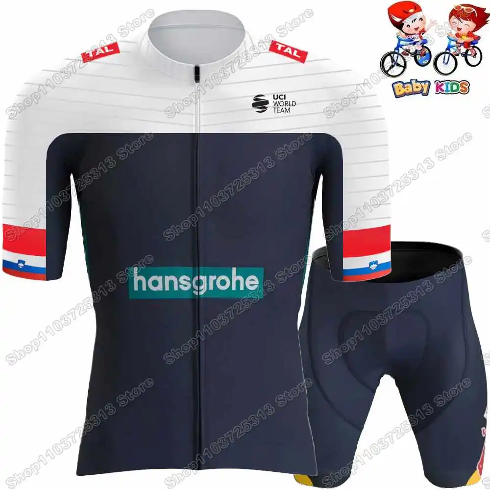 2025 Kids Team Hansgrohe Cycling Jersey Set Boys Girls France Tour Slovenia Primož Roglič Clothing Children Road Bike Shirt Suit 4