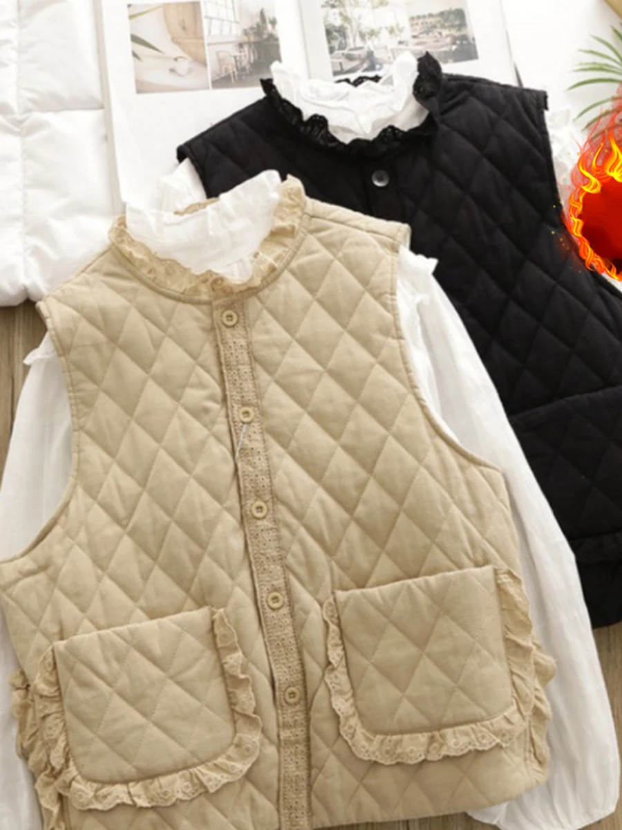 

Fall Winter Literary Lace Patchwork Women Waistcoat Loose Solid Color Warm Fashion Simple Single-breasted All-Match Casual Tops