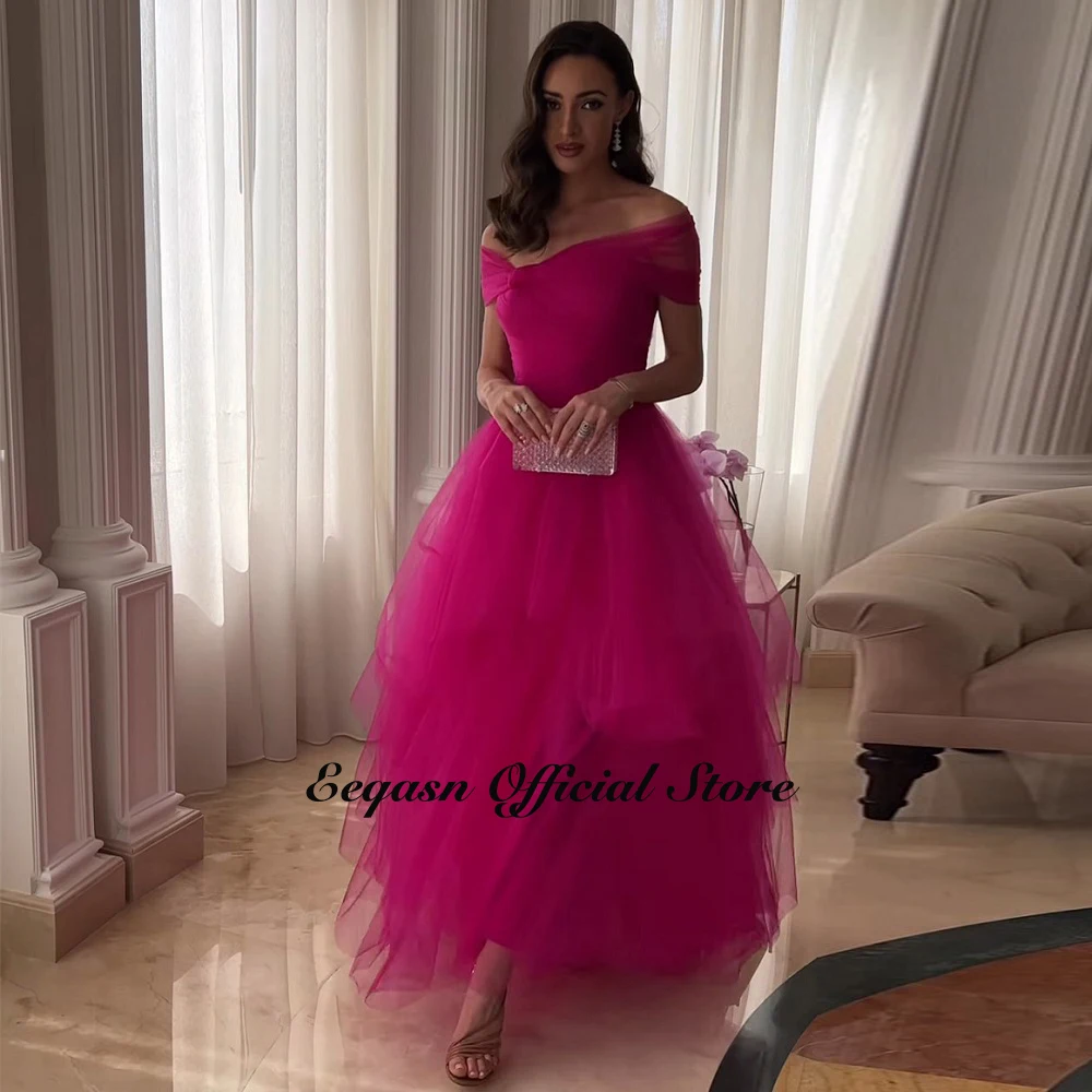 A-line Asymmetrical Tulle Evening Dresses Off-the-Shoulder Tea Length Fuchsia Party Pageant Gown Women Prom Event Long Dress