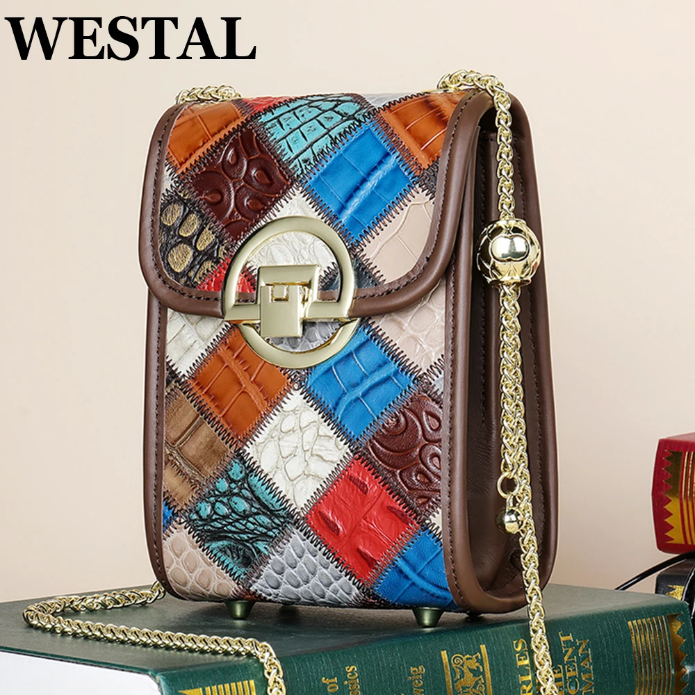 

Новая красочная женская сумка WESTAL, маленький кошелек для телефона, сумки через плечо из натуральной кожи для женщин, мини-сумки с откидной крышкой для косметики, мессенджер