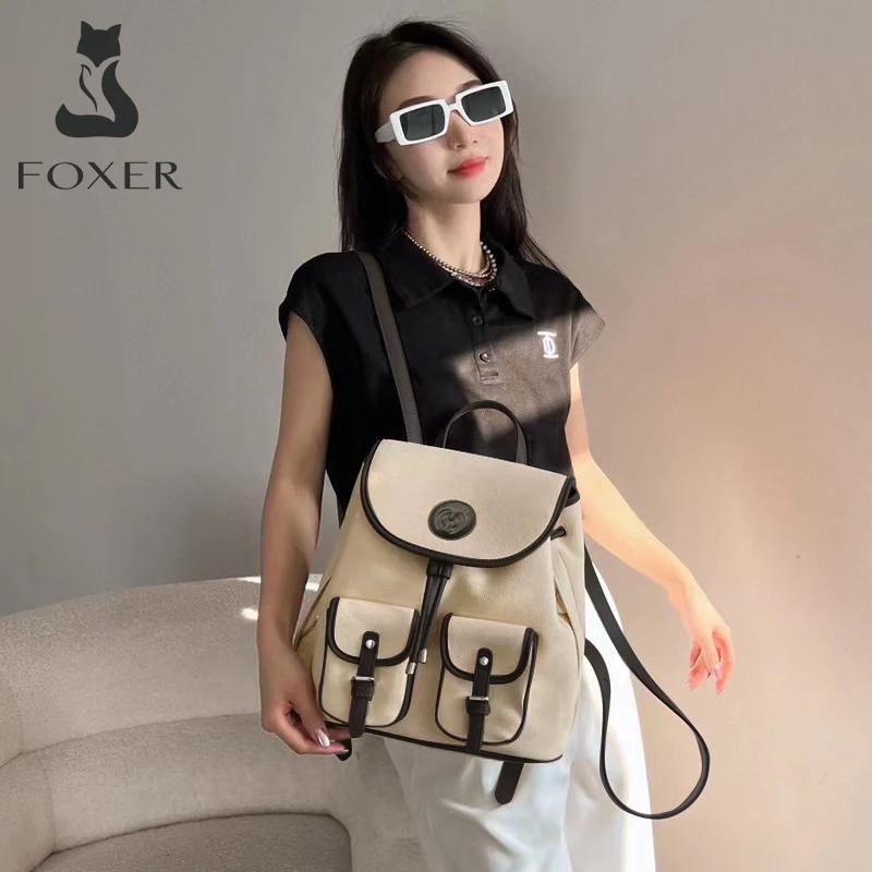 FOXER Fashion Lady Soft PU Leather Drawstring Backpack Women's Large Capacity Commuter Handbag Student's Preppy Travel Schoolbag