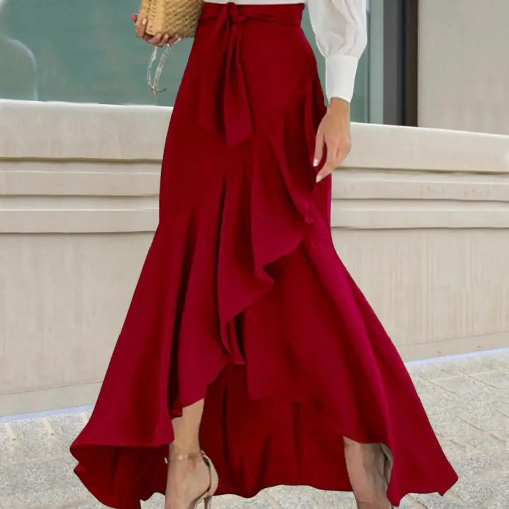 

Maxi Skirt High Waist High Waist Lace-up Skirt Elegant Lace-up Ruffle Trim Maxi Skirt with Plaid Print Bow Tie Detail for Women