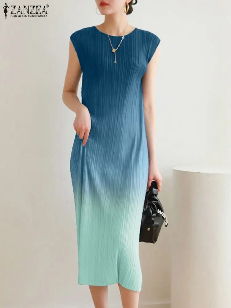 

Korean Fashion Tank Dress ZANZEA Women Elegant Blue Gradient Midi Dress Summer 2023 Sleeveless Pleated Sundress Stylish Vestidos