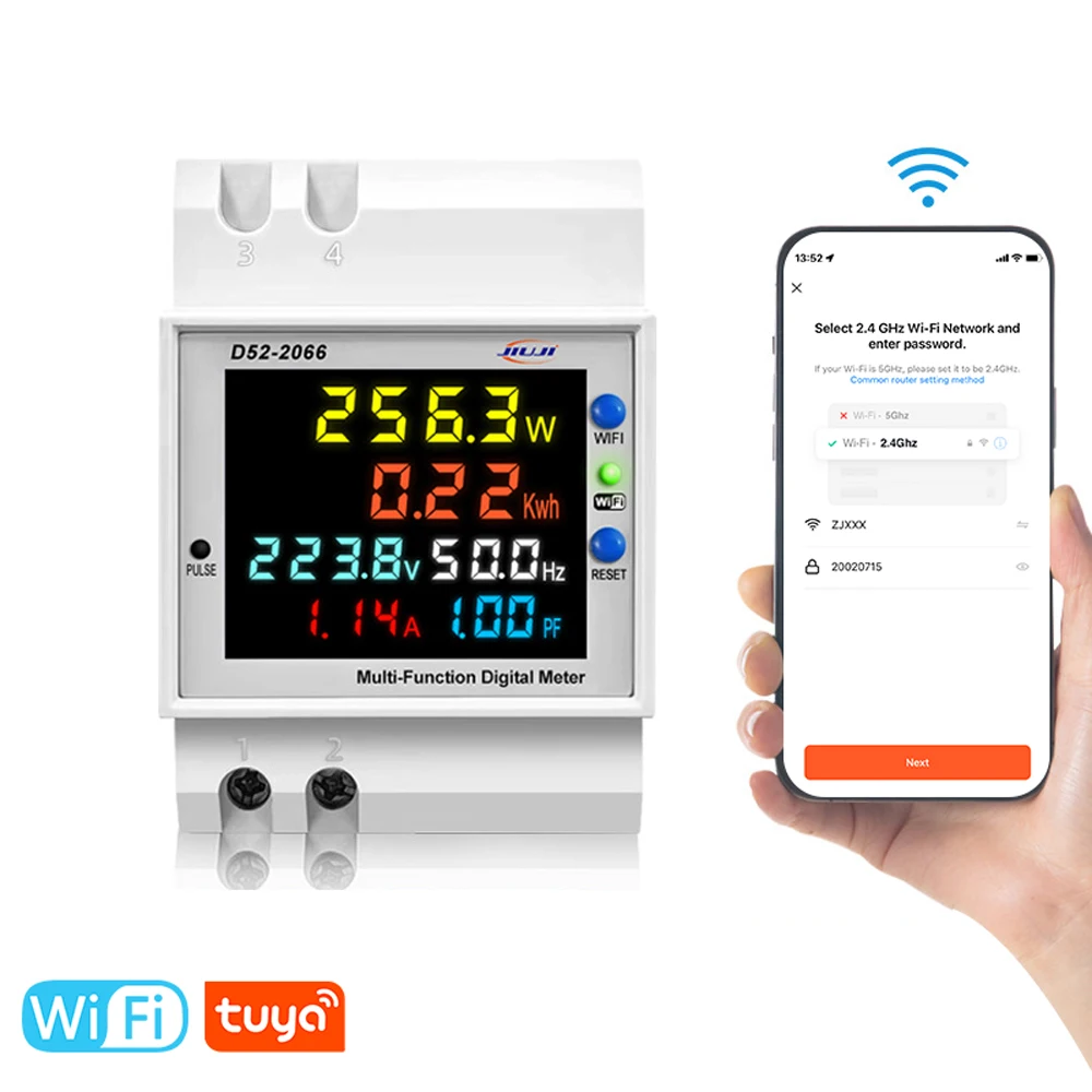 Tuya WiFi Home Intelligent Digital Electricity Meter DIN-Rail Voltage and Current Meter Power Factor Frequency Metering Meters