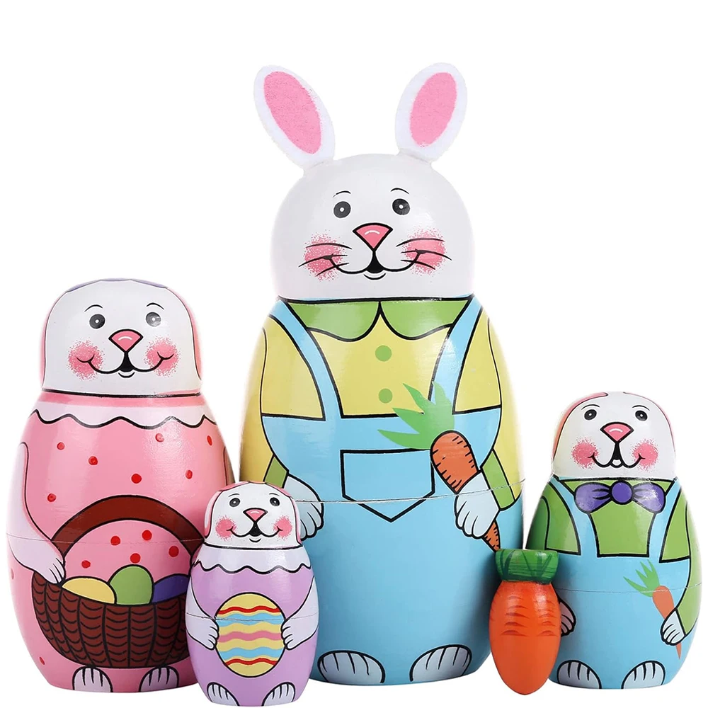 

Easter Decoration 2024 Handmade Wooden Rabbit Bunny Nesting Dolls Set Russian Matryoshka Dolls for Easter Home Decor Kids Gifts