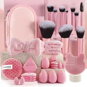 Set di Pennelli e Spugne per il Trucco, Spugnetta Rosa, Beauty Blender, Fascia per Capelli, Kit Rimozione Trucco da Polso, Strumenti per il Trucco, Regalo 21-32 pezzi