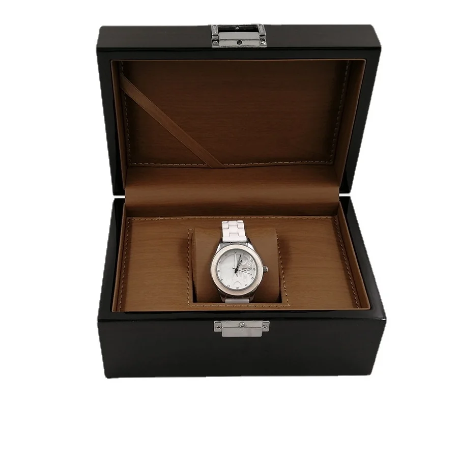 Premium wooden watch box with lacquer finish and soft cushion interior – ideal for storage or gifting, includes free shipping in Singapore.
