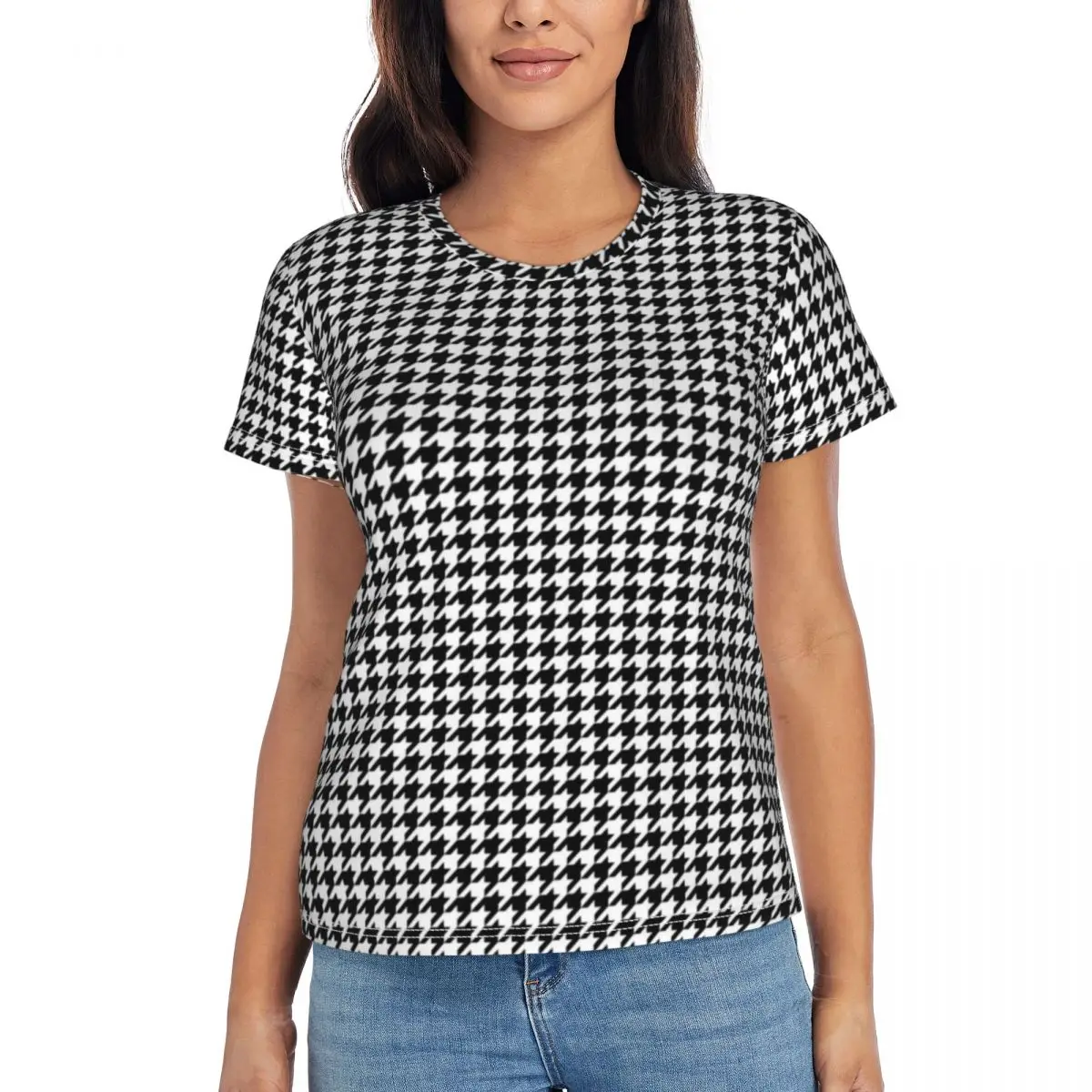 

Black White Houndstooth T Shirt Women Trendy Deco Chic Pattern O Neck T-Shirts Short Sleeves Casual Tshirt Summer Top Teese