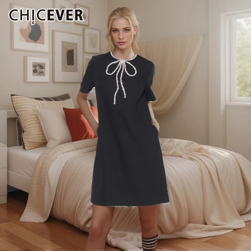 

CHICEVER Hit Color Korean Dresses For Women Round Neck Short Sleeve High Waist Patchwork Zipper Loose Summer Mini Dress Female