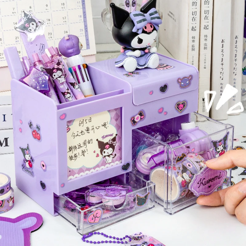 Miniso Cute Pen Holder Organizer Kawaii Kuromi Melody Cinnamoroll Sticker Desktop Storage Box Big Capacity Stationery Storage pen holder stationery organizer desktop storage box desktop storage kit stationery storage box