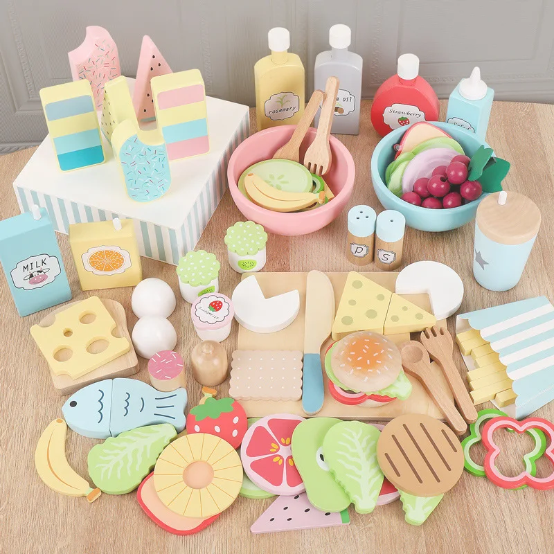 

Children Play House Simulated Mini Kitchen Puzzle Oriented Wooden Toys Breakfast Fruits And Vegetables Family Game Gift