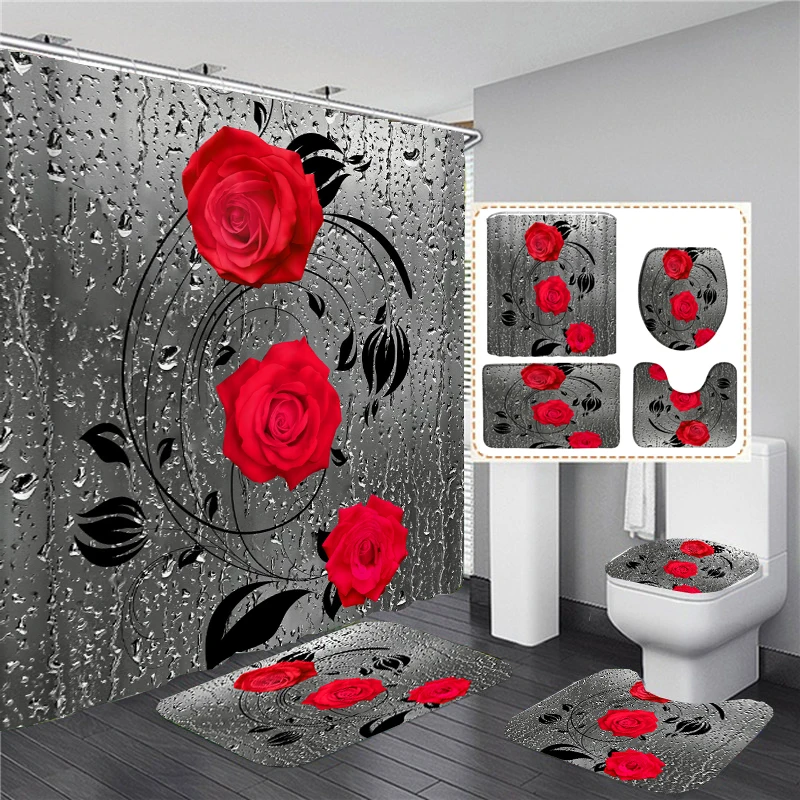 

Red Blue Pink Rose Print Shower Curtain with Hooks, Bathroom Mat Set Anti-slip Soft Bath Carpet Lover Valentines Home Decoration