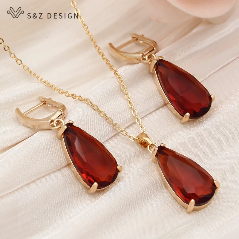 S&Z DESIGN New Fashion Water Drop Cubic Zirconia Dangle Earrings Jewelry Sets For Women Girls Party Necklace Pendant