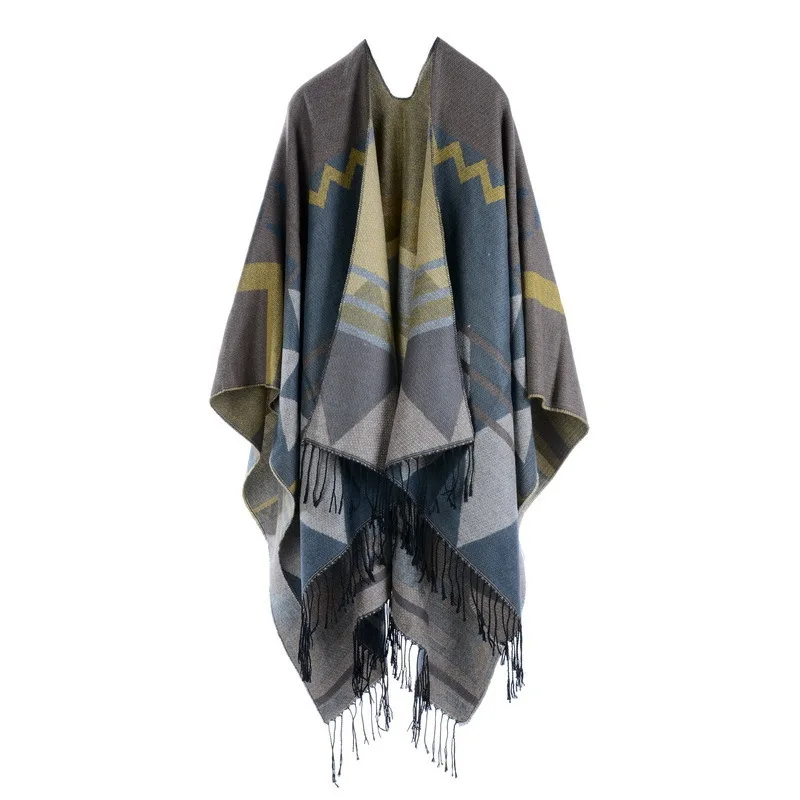 

Autumn Winter Geometric pattern tassel Double sided Split Warm Cape Women Imitation Cashmere Poncho Lady Capes Khaki Cloaks