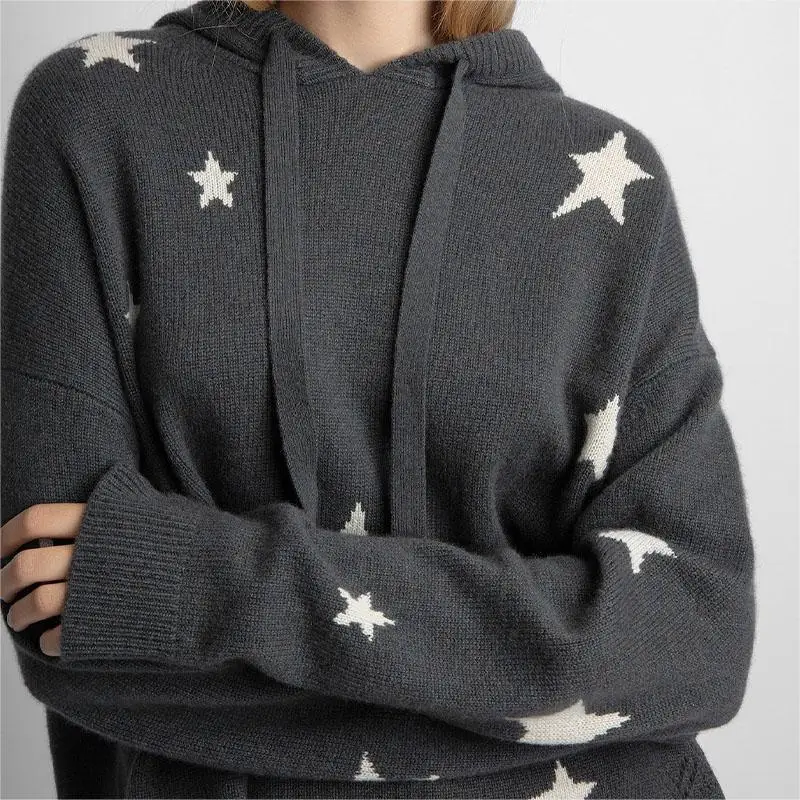 

Zadig Women Cashmere Sweater Fashion Intarsia Chic Stars Jacquard Hooded Sweater Female Grey Winter Wool Hoodie Sweater Clothing