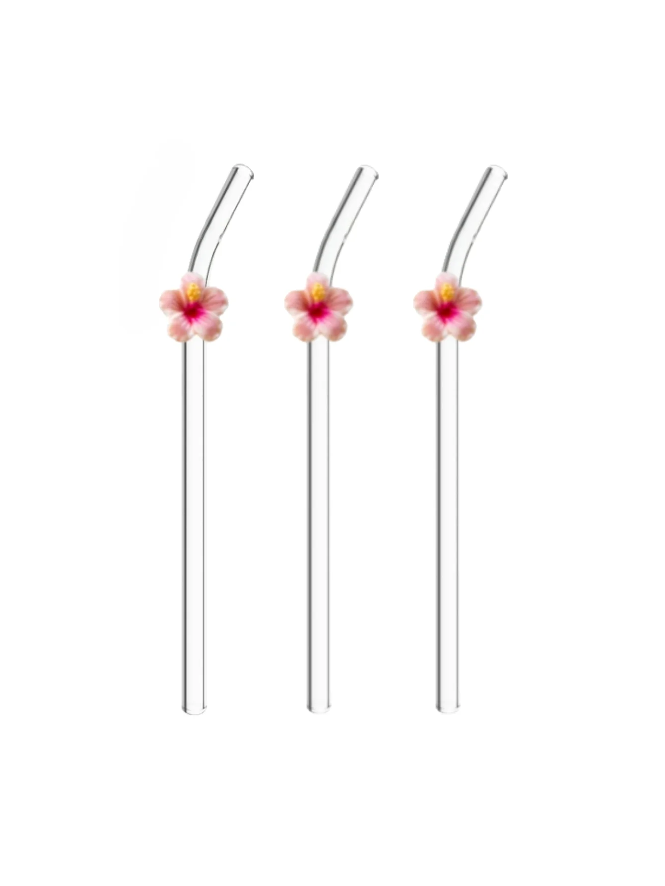 Set of Reusable Glass Straws with Floral Accents - Elegant High Borosilicate Curved Straws