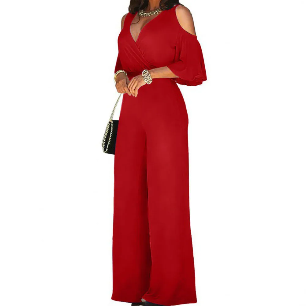 New Arrival Women Half Sleeves V-Neck Off Shoulder Belt Lace Up Upscale Solid Color Wide Leg Pants Office Lady Jumpsuit