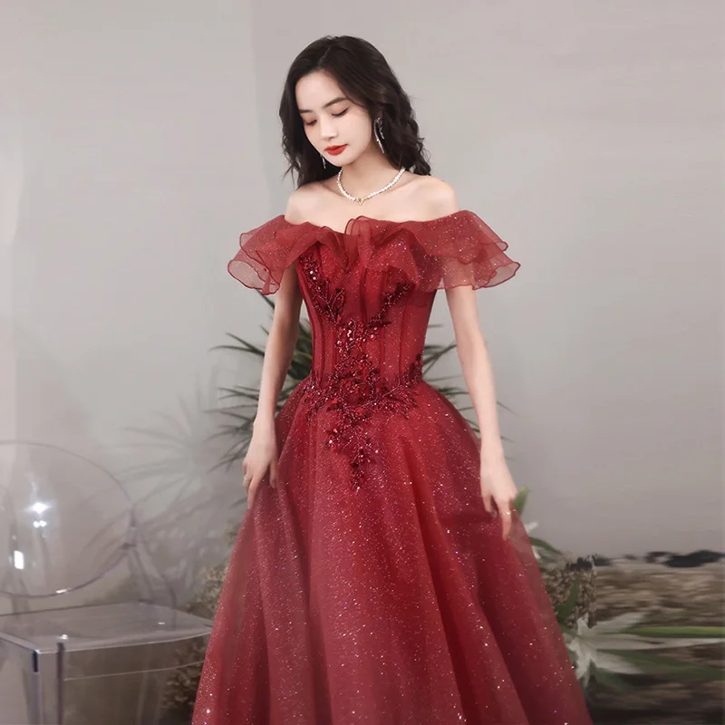 

O10155 Luxury Beads Ruffles Lady Women Evening Dress Sexy Sequined Long Wedding Party Performance Singing Tulle Prom Dresses