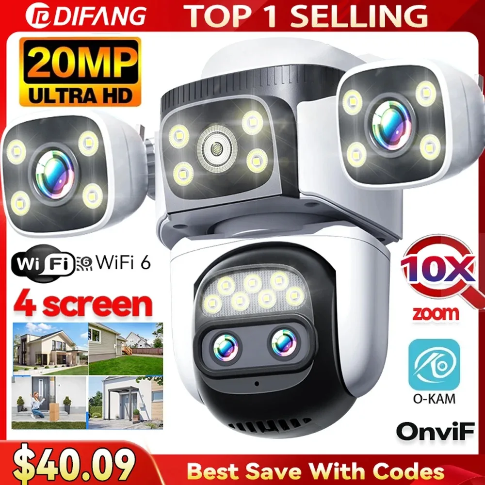 10K 20MP Home Security WiFi Camera Four Len Four Screen 360° PTZ 10X Zoom CCTV Wireless Surveillance IP Cam Security Protection 1