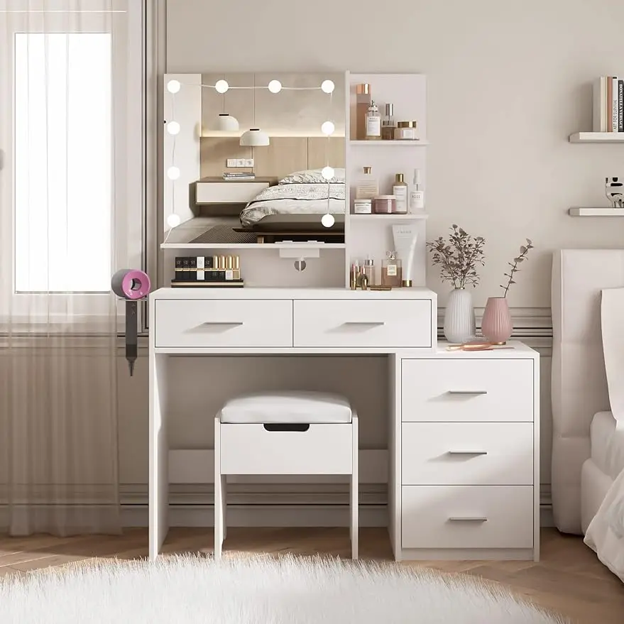 

Maupvit Vanity Desk with Mirror and Lights, White Vanity with Bedside Table, 5 Drawers Large Capacity, Metal Silver Handle, Ma