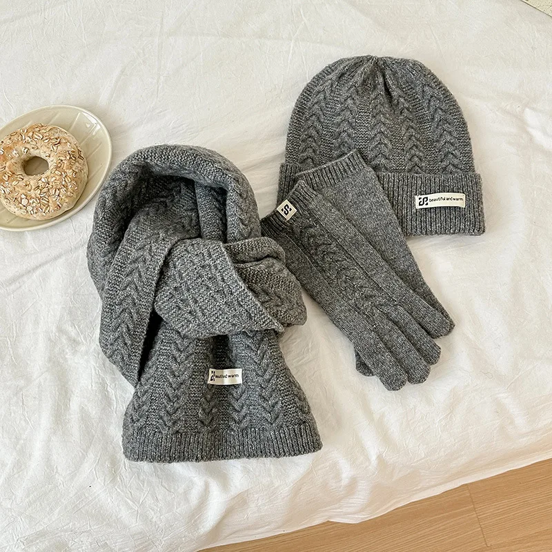 Winter Warm Knitted Hat Scarf Gloves Women's Windproof Adult Three-piece Set Scarves Solid Color Fashion Korean Hats for Women