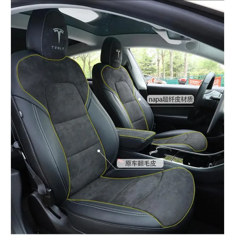 

For Tesla Model 3 Y Seat Cover alcantara Nappa Leather Full Surround Style Factory Wholesale Price White Cushion Car Interior