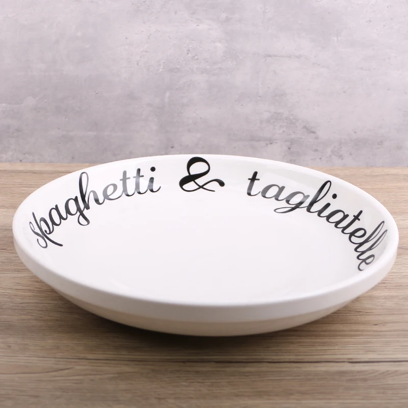 Unique 12.6 Inches Large Ceramic Plate Salad Soup Plate with Letter Pattern Design Includes Premium Acacia Wood Fork and Spoon