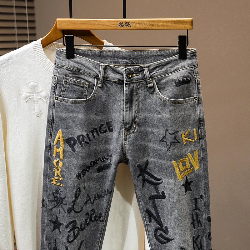 Tide MEN'S jeans light luxury high-end splicing patch slim straight heavy embroidery plump handsome cotton casual fashion pants