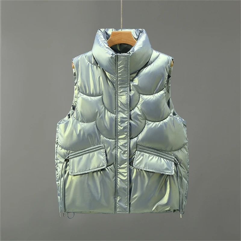 Down Jacket Womens Sleeveless Warm Puffer Vest Outerwear Stand Collar Zipper Up Shiny Solid Padded Gilet Waistcoat with Pockets - 5