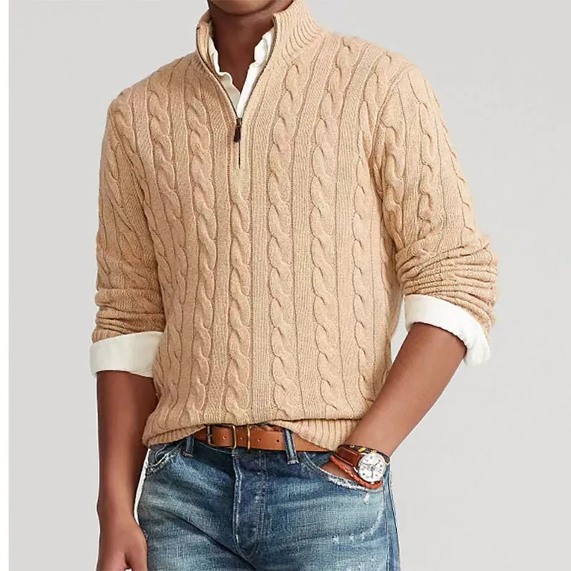 Mock Neck Knitted Sweater Men Solid Pullovers Long Sleeve Sweaters Spliced Zipper Spliced Autumn Casual Loose Slight Strech