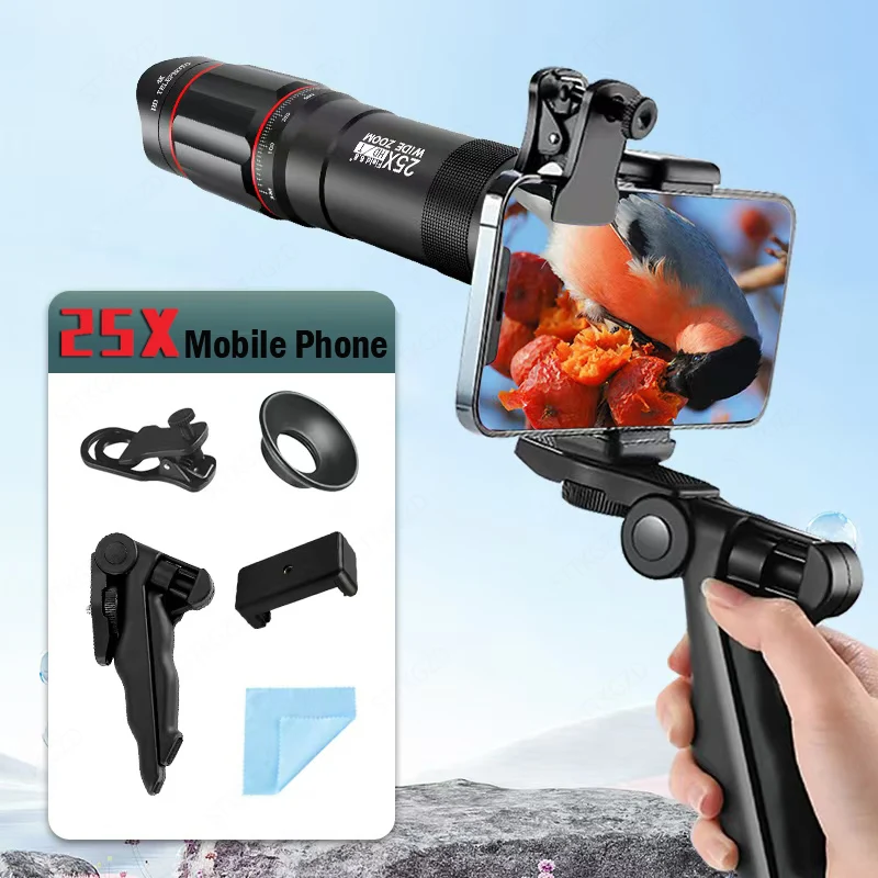 Phone Telephoto Lens Kit 25X Phone Telephoto Lens Kit Phone Holder Portable Tripod Stabilizer Highpower Zoom Concerts Contest Outdoor Observation Animal