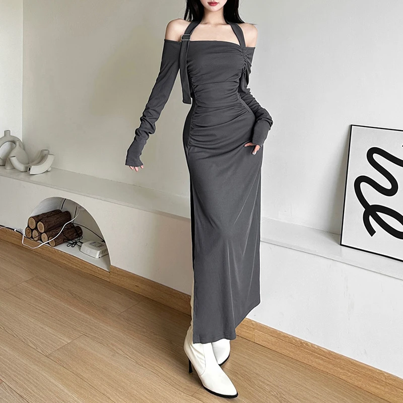 y2k Wasteland Dress Women Grunge Solid Color Long Sleeve High Split Halter Bodycon Dresses 2000s Party Dresses Clubwear