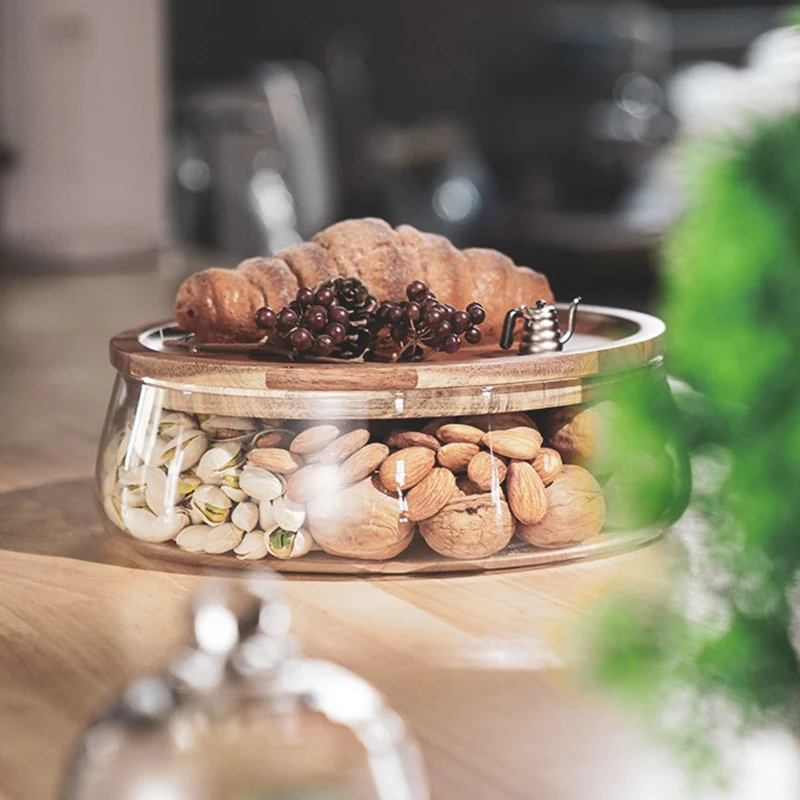 stackable glass food storage containers with wooden lids