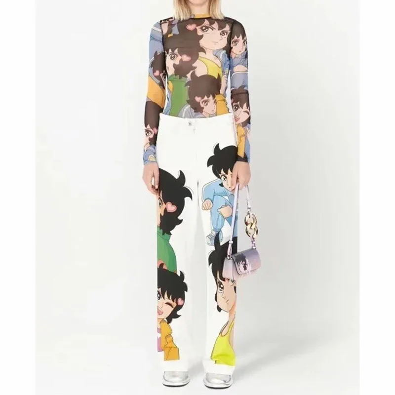 Firmranch-Women's Cartoon Printed Casual Pants, White Skinny Trousers, VS Top Set, Spring and Summer Trend, Astro Boy