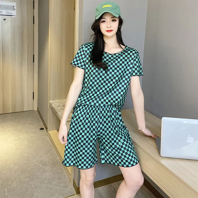 

Fdfklak Summer Pajamas Women New Plaid Short-Sleeved Shorts Set Home Wear Ladie's Sleepwear Night Suit Pijamas De Mujer