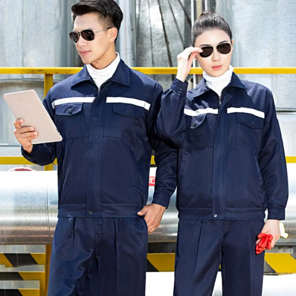 

2 Pcs/Set Unisex Workwear Suit Wear-resistant Reflective Stripe Safety Worker Pockets Mechcanic Auto Repairmen Working Uniform