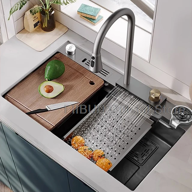 มัลติฟังก์ชั่นอ่างล้างจานสแตนเลสหนา Handmade ผักขนาดใหญ่อ่างล้างหน้าก๊อกน้ําน้ําตกล้าง/ตัด/ท่อระบายน้ําในหนึ่งชุดเต็ม 1