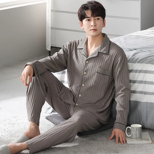 가을/겨울용 남성 코튼 잠옷 세트, 패션, 턴 다운 칼라 잠옷 의류, 홈 의류, 루즈한 홈웨어, 플러스 사이즈 4XL 4