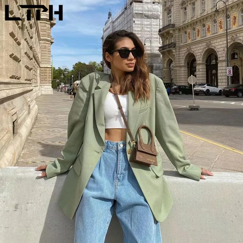 LTPH loose casual blazer women single button long sleeve mid-length Pockets Office Ladies Jackets thin Suit Coat 2023 Summer New
