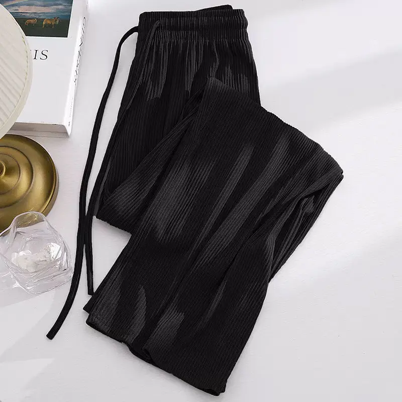 2023 New Ice Silk Wide-leg Pants Women Summer 2023 New High Waist Drape Loose Narrow Version Straight Casual Summer Thin Pants